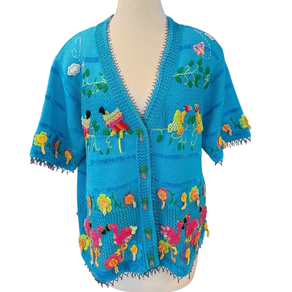 Berek Blue Art to Wear Hand Knitted Embellished Cardigan Sweater Rare Large VTG